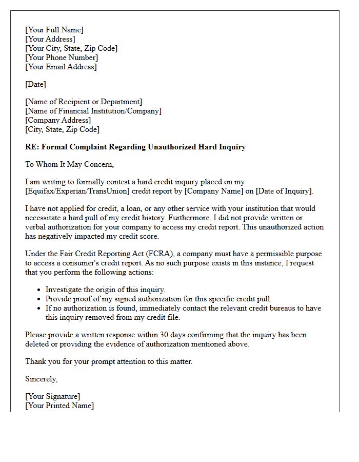 Formal Letter of Complaint Regarding Unwarranted Hard Credit Pull