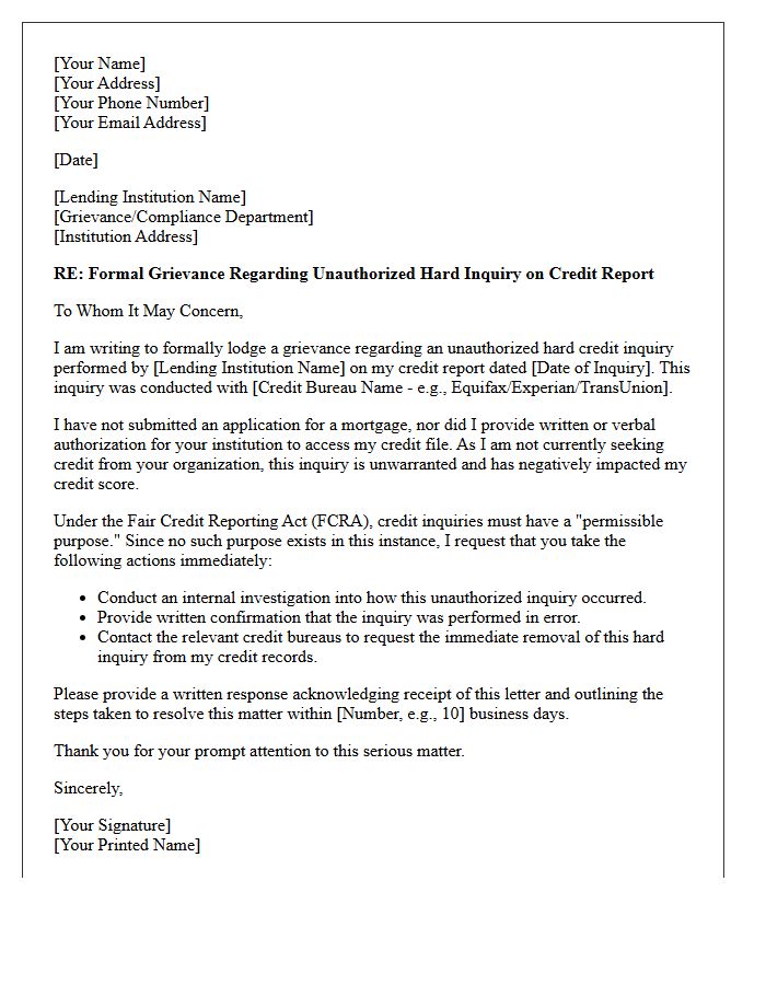 Grievance Letter Addressing Unwarranted Mortgage Credit Check
