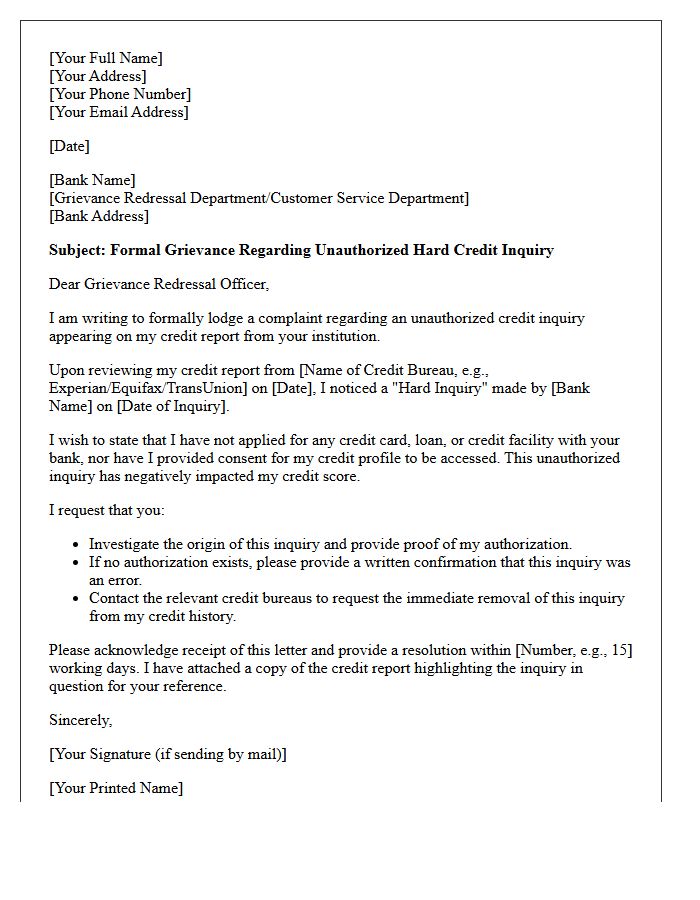Grievance Letter for Unauthorized Retail Bank Credit Inquiry