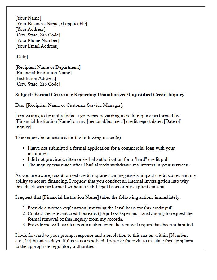 Grievance Letter for Unjustified Commercial Loan Credit Check