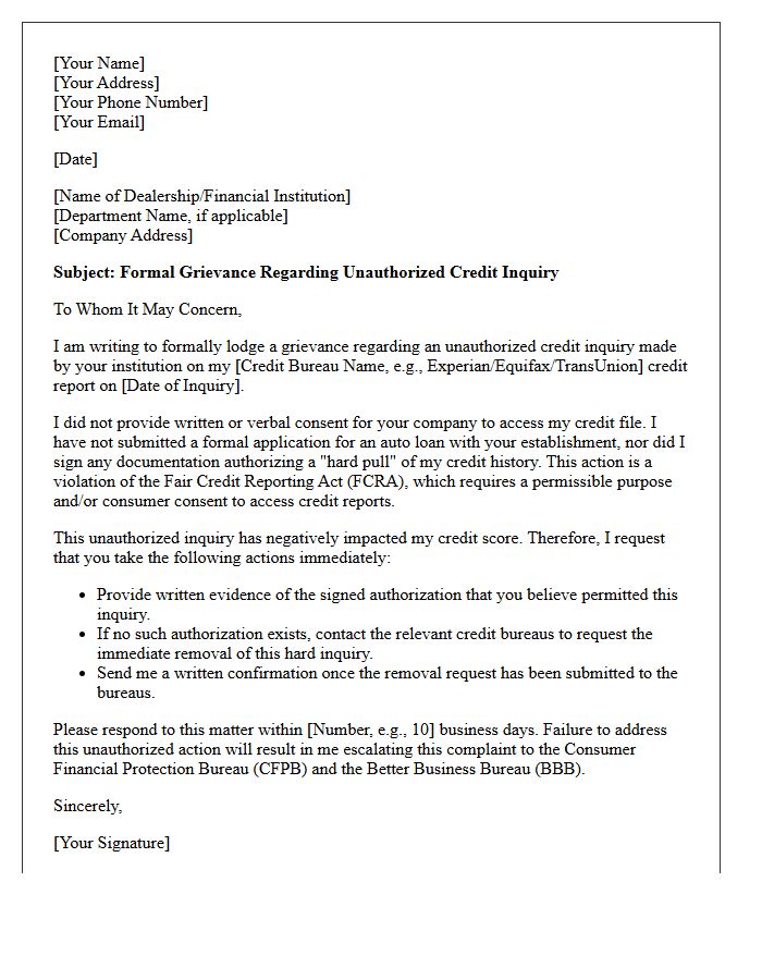 Letter of Grievance for Unconsented Auto Loan Credit Pull