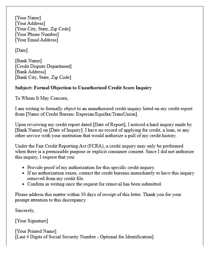 Letter of Objection to Unauthorized Bank Credit Score Inquiry