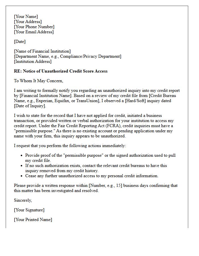 Notice Letter of Unauthorized Credit Score Access by Financial Institution