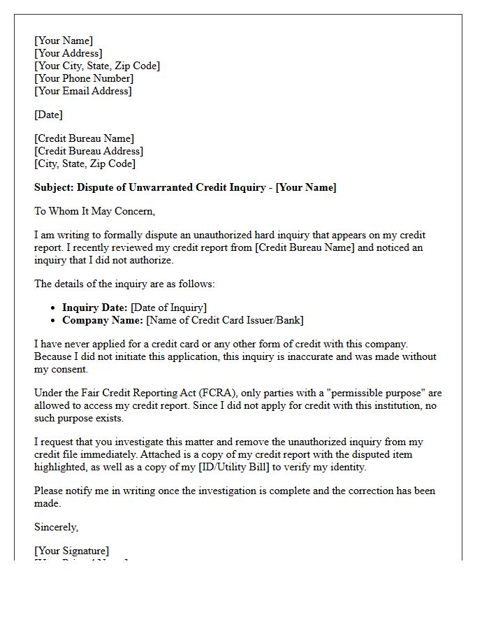 Official Letter Disputing Unwarranted Credit Card Application Inquiry