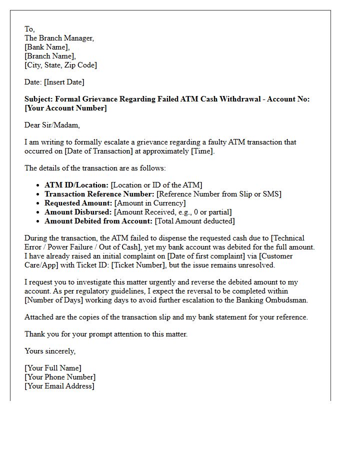 Branch Escalation Grievance Letter for Faulty ATM Cash Withdrawal