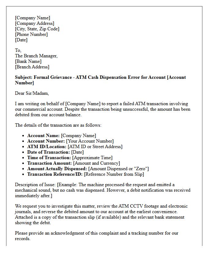 Commercial Account Grievance Letter for ATM Cash Dispensation Error