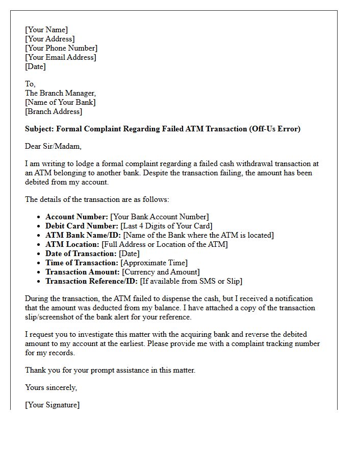 Customer Grievance Letter for Off-Us ATM Dispensation Error