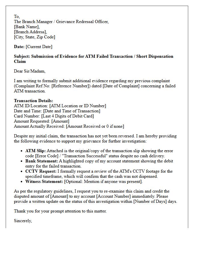 Evidence Submission Grievance Letter for ATM Dispensation Claim