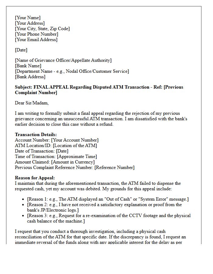 Final Appeal Grievance Letter for ATM Dispensation Dispute