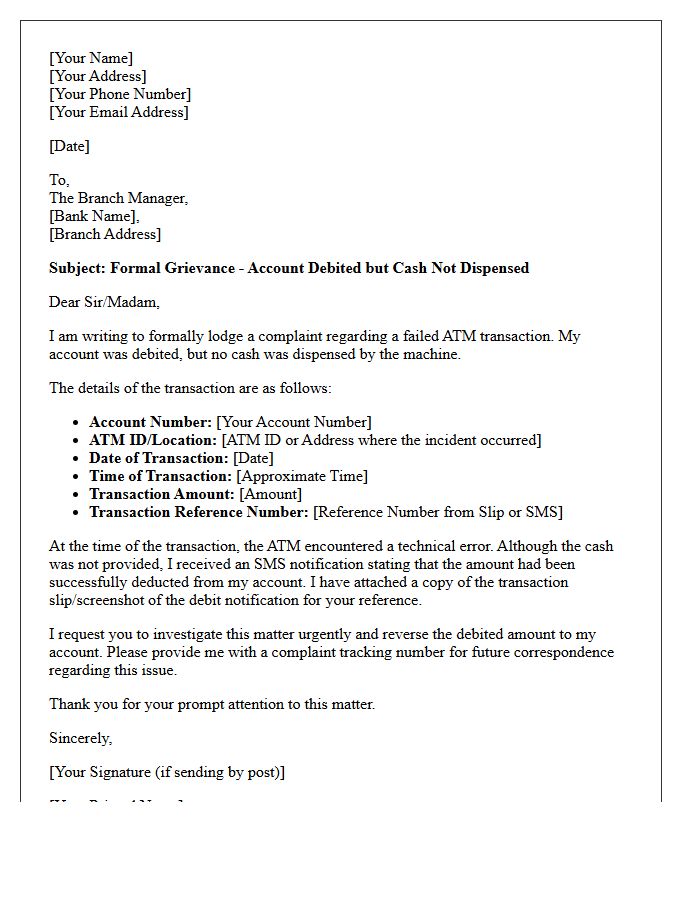 Formal Grievance Letter for Account Debited but Cash Not Dispensed