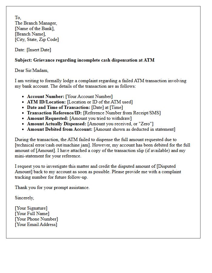 Grievance Letter for Incomplete ATM Cash Dispensation