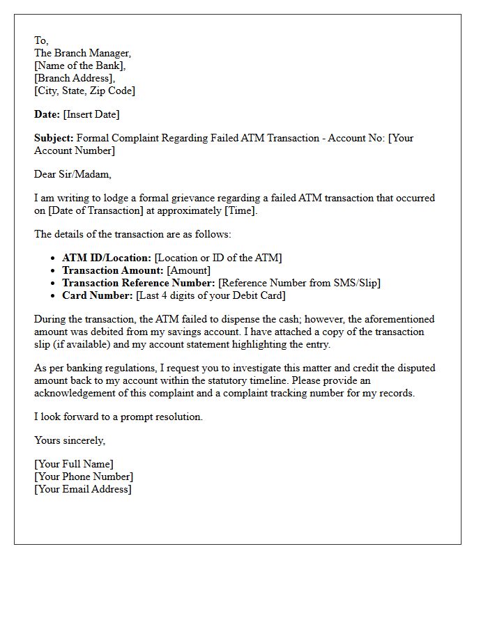 Initial Grievance Letter for Failed ATM Transaction