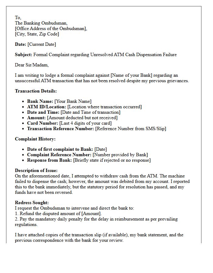 Ombudsman Escalation Grievance Letter for ATM Dispensation Failure