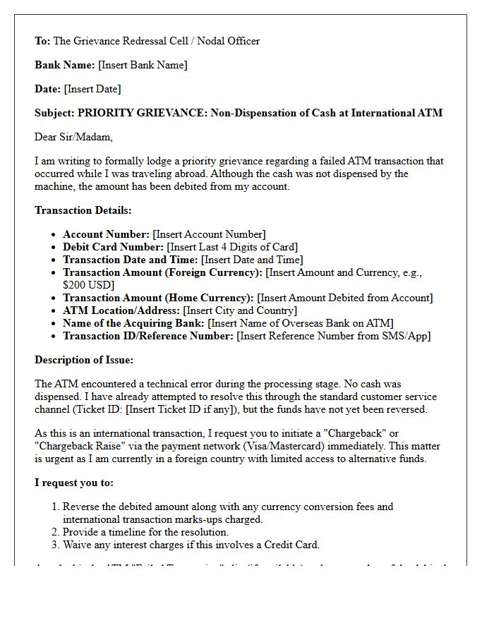Priority Grievance Letter for International ATM Dispensation Failure