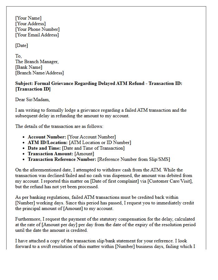 Reimbursement Request Grievance Letter for Delayed ATM Refund
