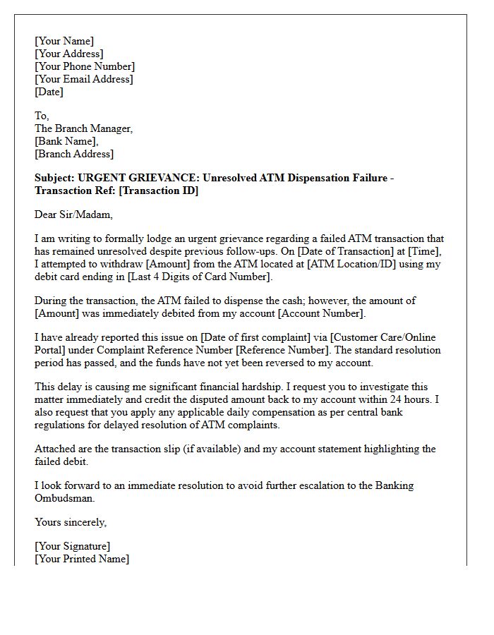 Urgent Grievance Letter for Unresolved ATM Dispensation Failure
