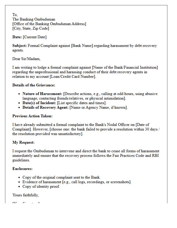 Banking Ombudsman Grievance Letter for Debt Recovery Harassment