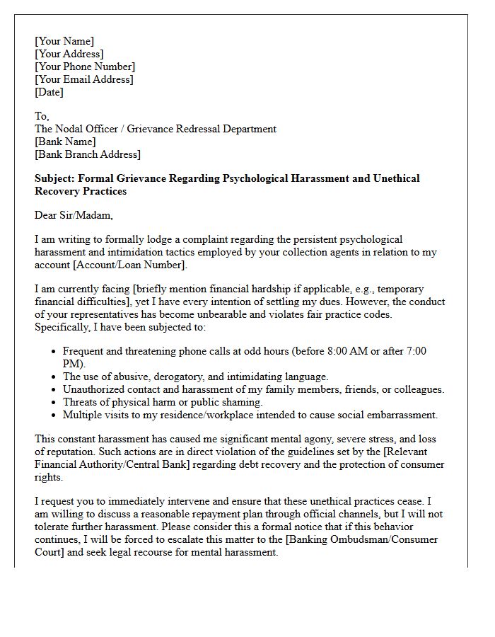 Formal Grievance Letter for Psychological Harassment by Bank Collection Agents