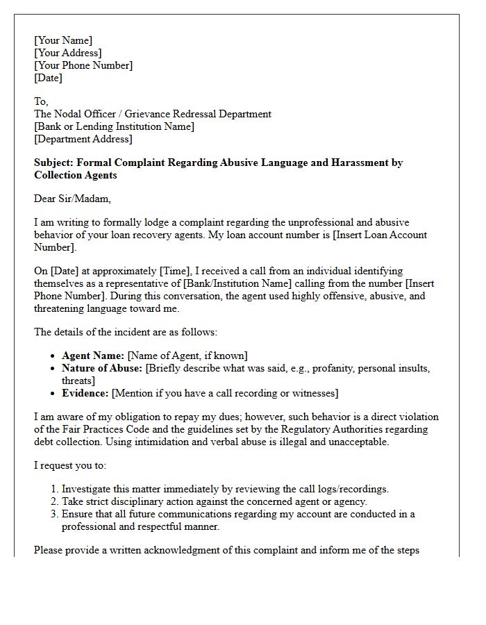 Grievance Letter for Abusive Language Used by Loan Collection Agents