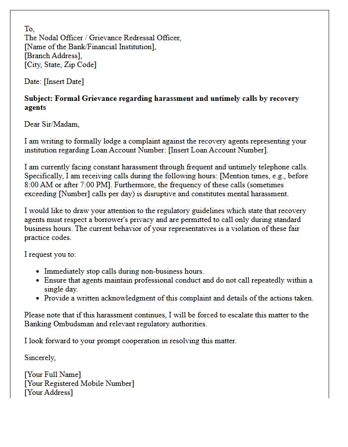 Grievance Letter for Frequent and Untimely Calls by Loan Recovery Agents