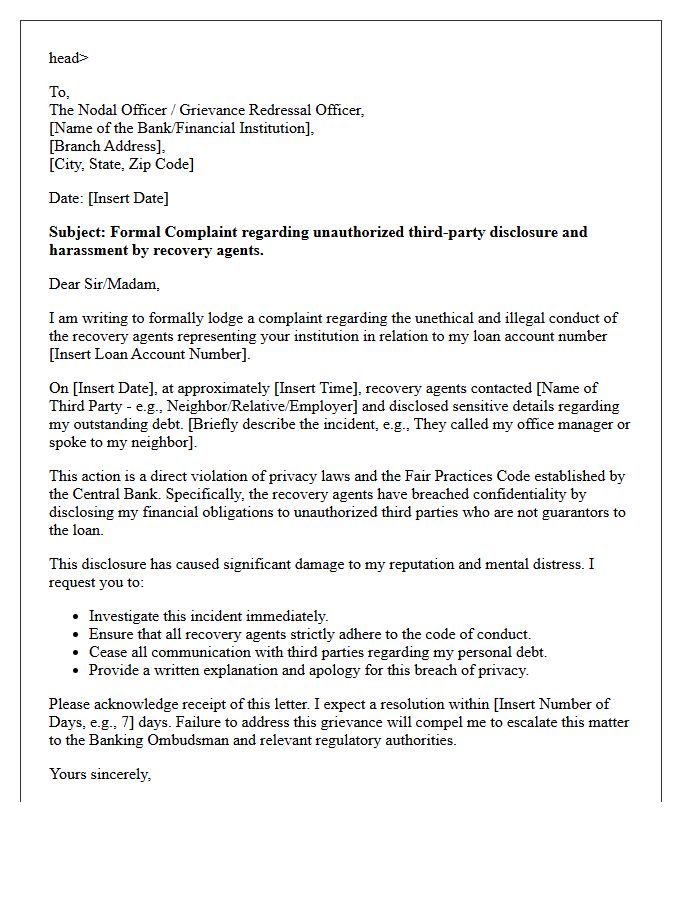 Grievance Letter for Third-Party Disclosure by Loan Recovery Agents