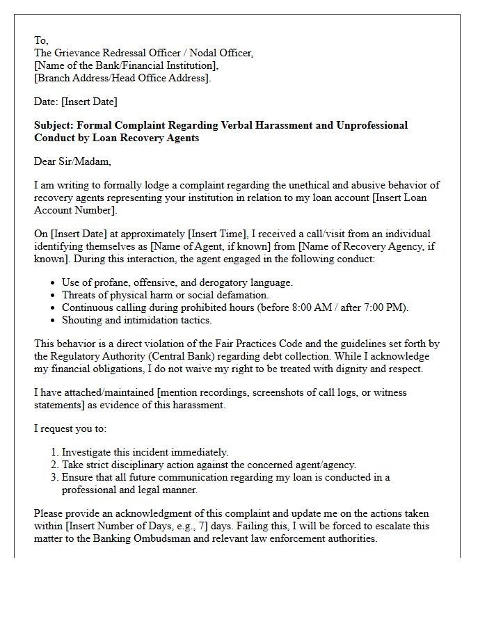 Grievance Letter for Verbal Harassment by Bank Loan Recovery Agents