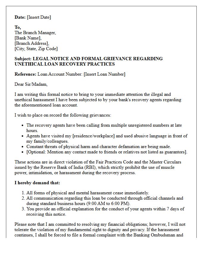 Legal Notice and Grievance Letter Against Bank Loan Recovery Harassment