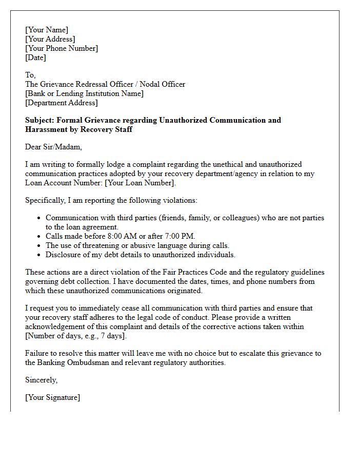 Letter of Grievance for Unauthorized Communication by Loan Recovery Staff
