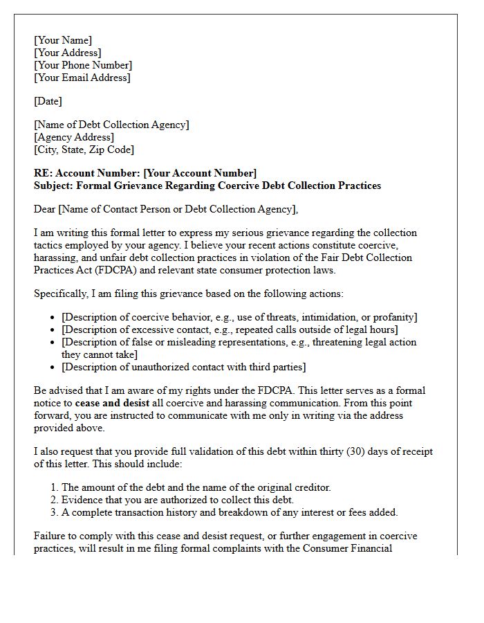 Notice and Grievance Letter for Coercive Debt Collection Practices