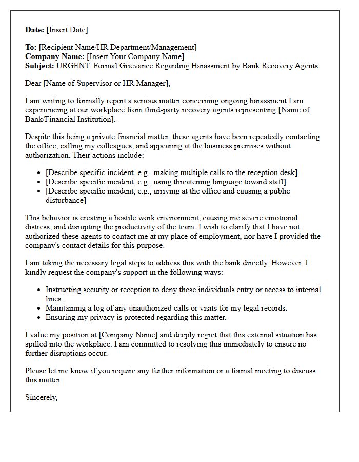 Urgent Grievance Letter Concerning Workplace Harassment by Bank Agents