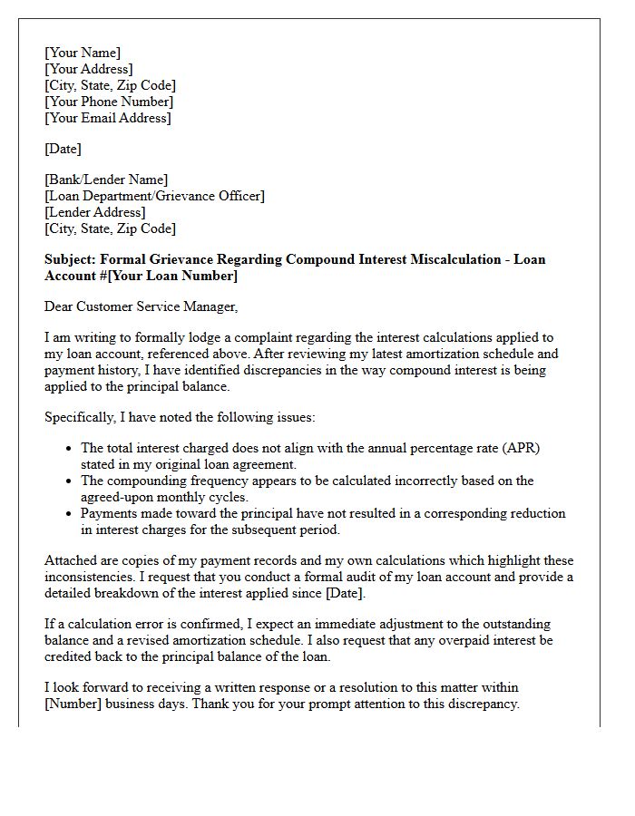 Grievance Letter for Compound Interest Miscalculation on Loan Amortization