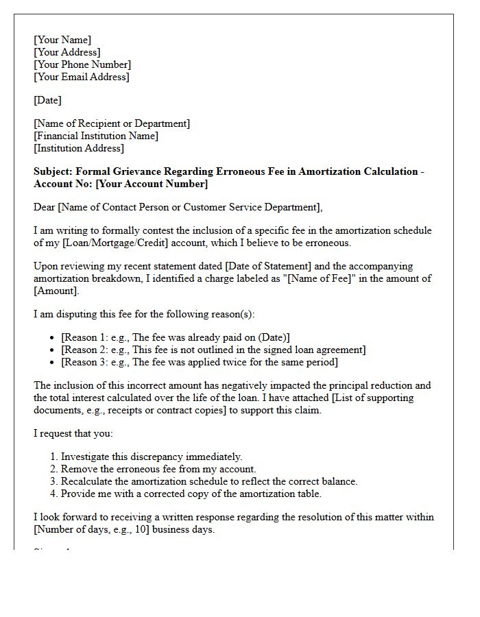 Grievance Letter for Erroneous Fee Inclusion in Amortization Calculation