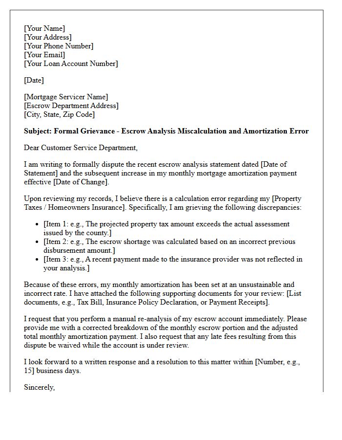 Grievance Letter for Escrow Miscalculation Affecting Monthly Amortization
