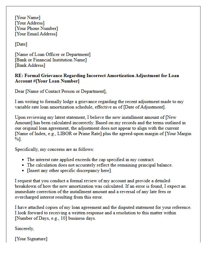 Grievance Letter for Improper Adjustment of Variable Rate Loan Amortization