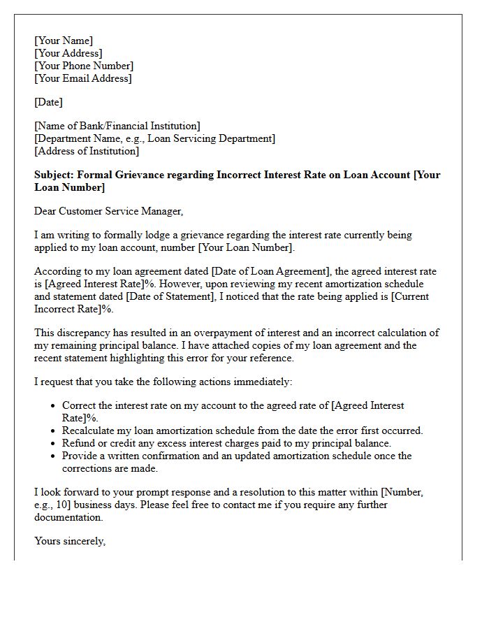 Grievance Letter for Incorrect Interest Rate Application on Loan Amortization