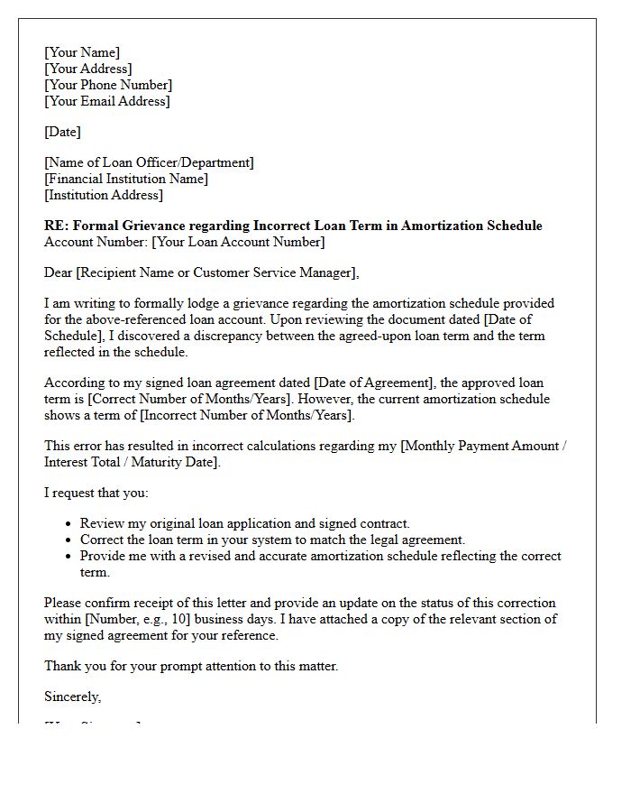 Grievance Letter for Incorrect Loan Term Length in Amortization Schedule