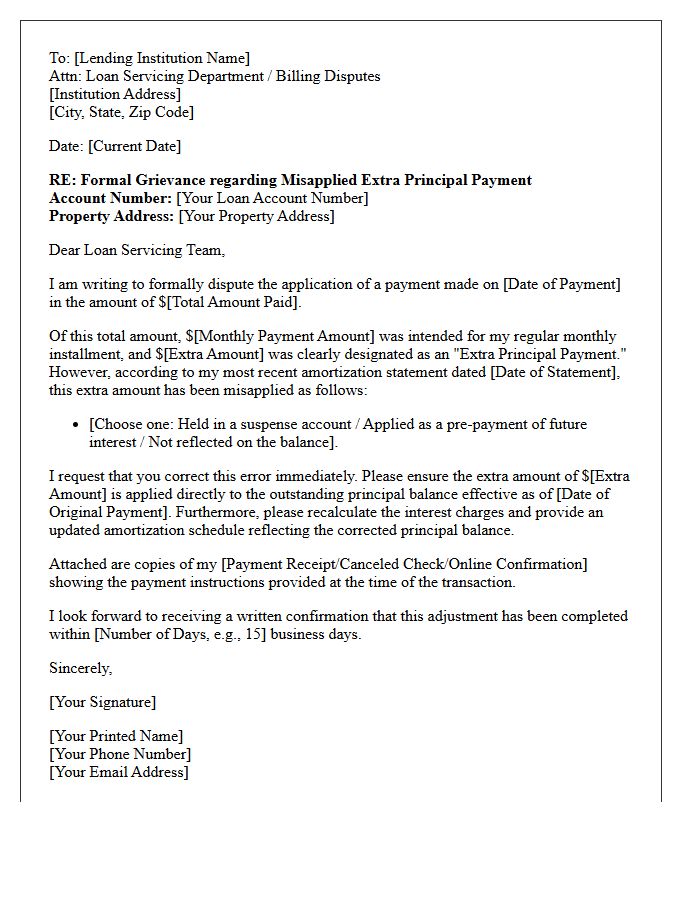 Grievance Letter for Misapplied Extra Principal Payment in Amortization Statement