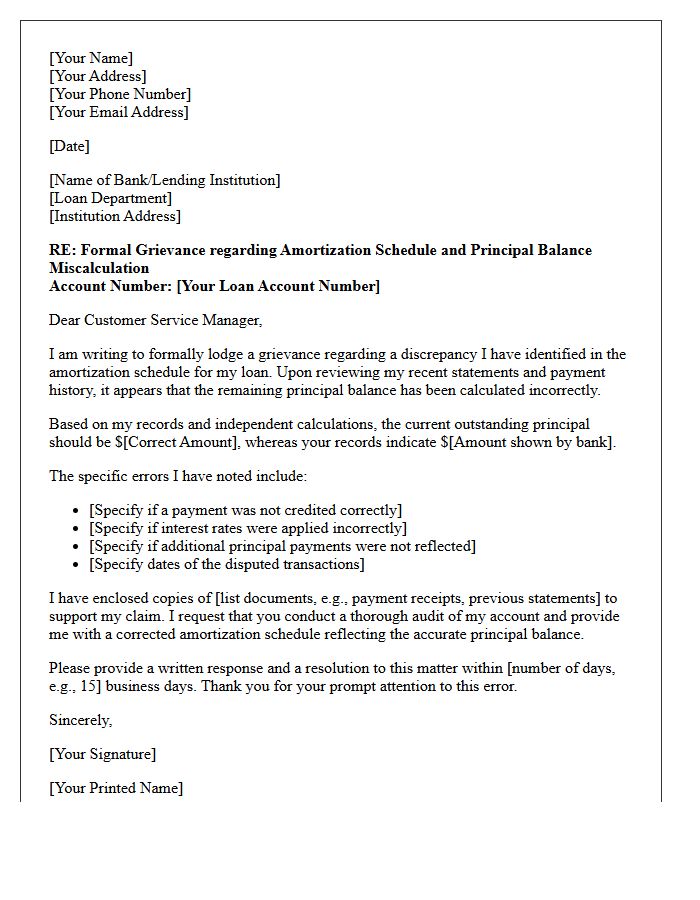 Grievance Letter for Miscalculation of Principal Balance in Amortization Schedule