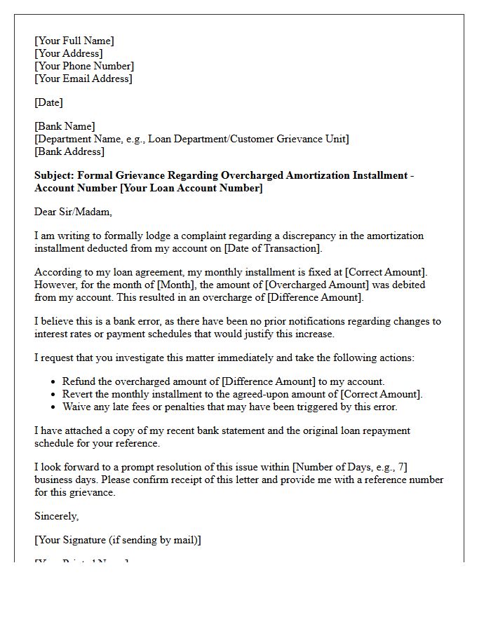 Grievance Letter for Overcharged Amortization Installment Due to Bank Error