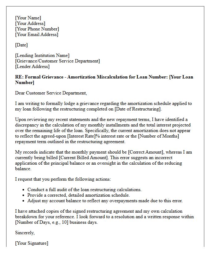 Grievance Letter for Refinance Amortization Miscalculation After Loan Restructuring