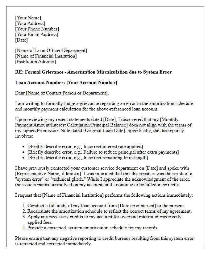 Grievance Letter for System Error Causing Loan Amortization Miscalculation