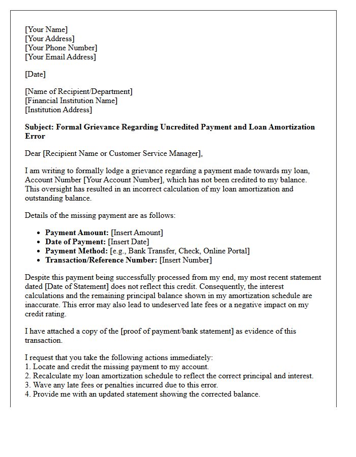 Grievance Letter for Uncredited Payment Causing Loan Amortization Miscalculation