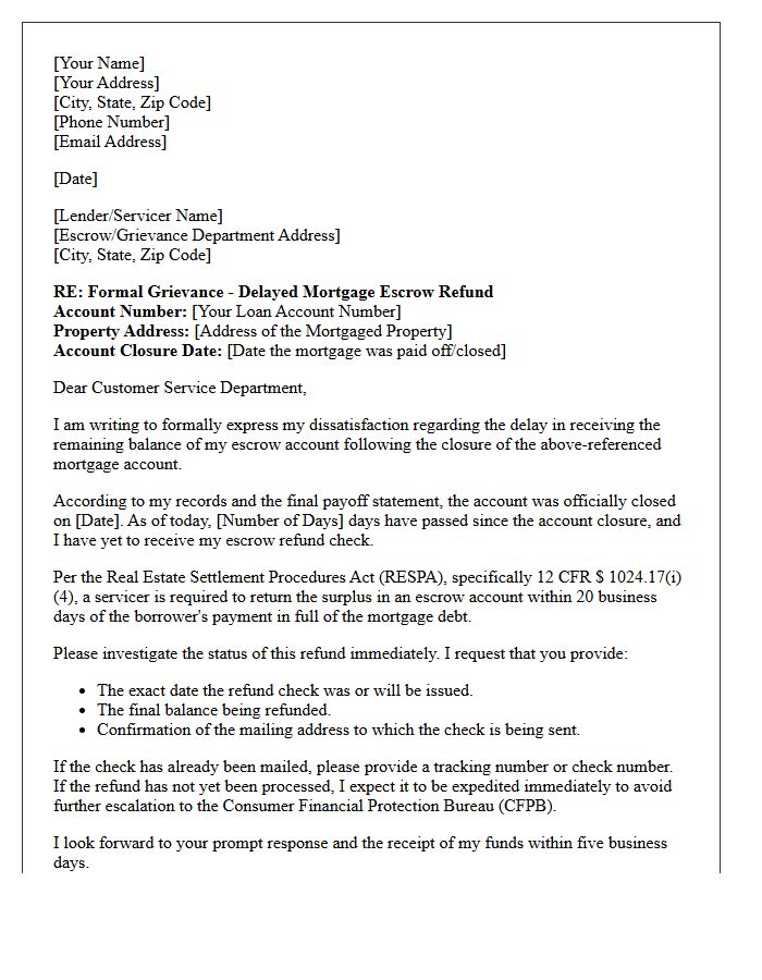 Account Closure Grievance Letter for Delayed Mortgage Escrow Refund
