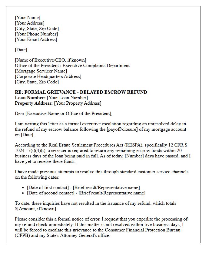 Executive Escalation Grievance Letter for Delayed Mortgage Escrow Refund