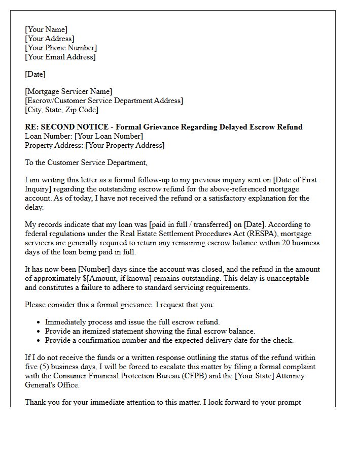 Follow-Up Grievance Letter for Delayed Mortgage Escrow Refund