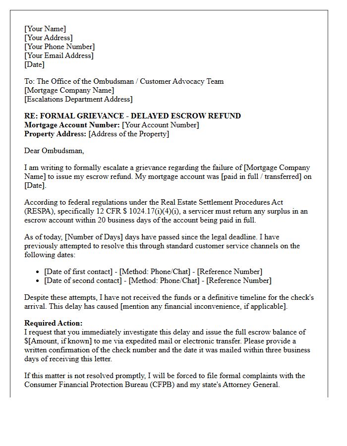 Ombudsman Escalation Grievance Letter for Delayed Mortgage Escrow Refund