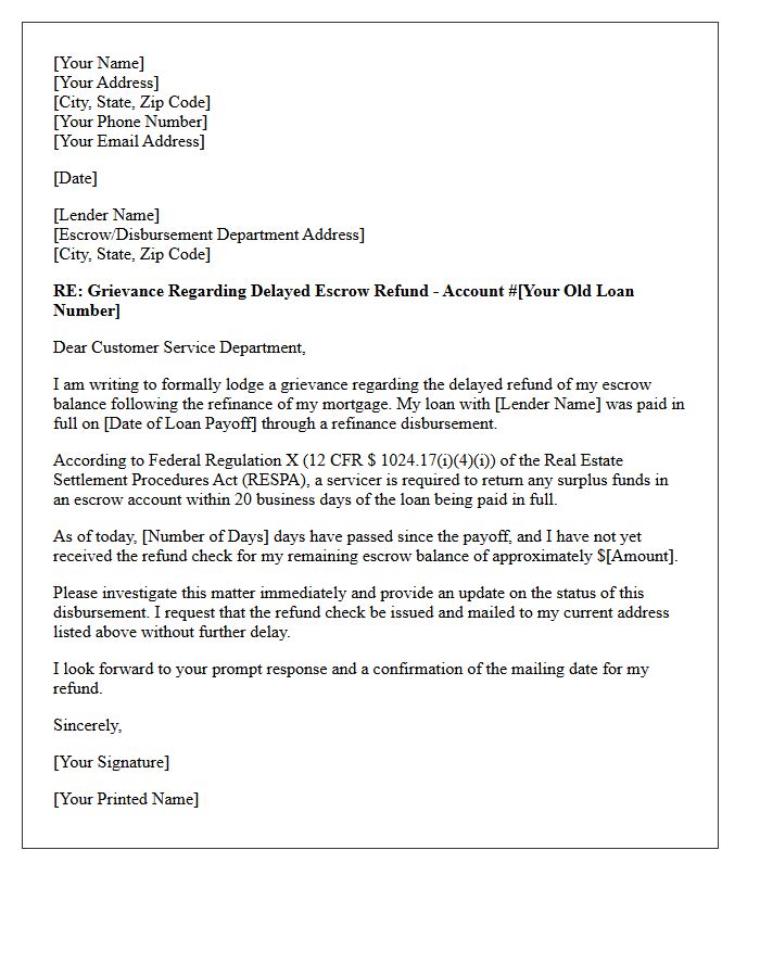Refinance Disbursement Grievance Letter for Delayed Mortgage Escrow Refund