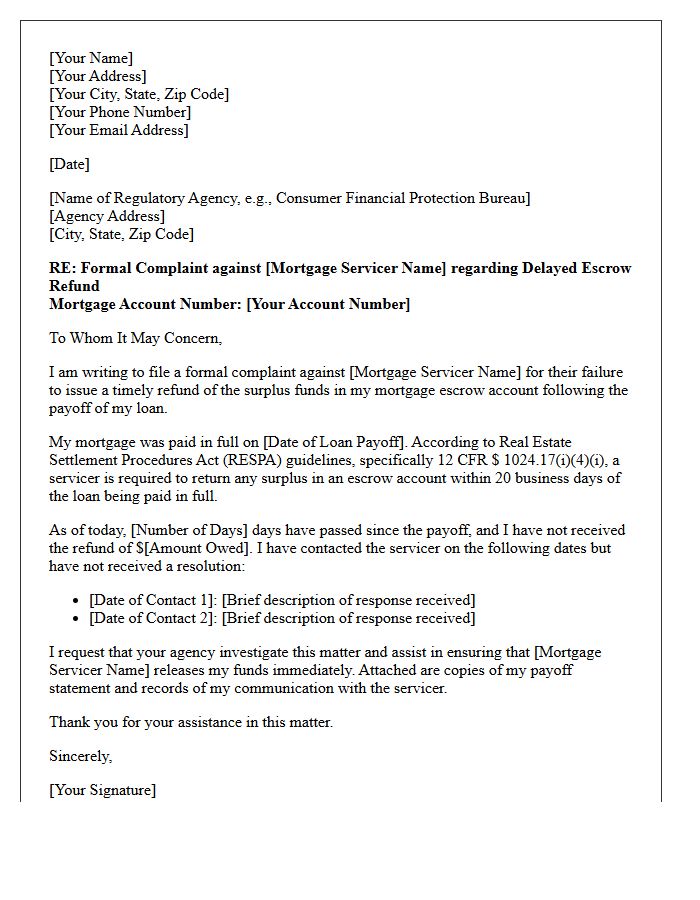 Regulatory Complaint Letter for Delayed Mortgage Escrow Refund