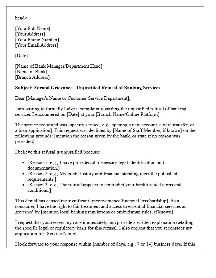 Customer Grievance Letter Detailing Unjustified Refusal of Banking Services