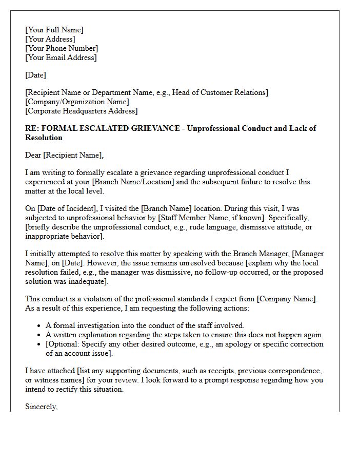 Escalated Grievance Letter for Unprofessional Conduct and Lack of Branch Resolution